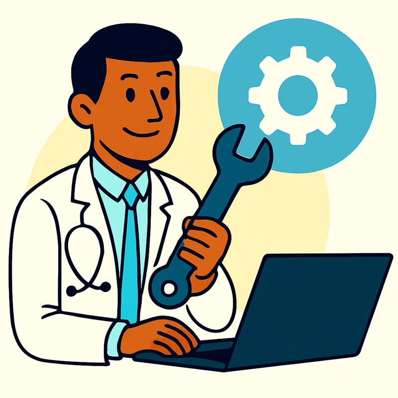Doctor using Customizable Clinic Software on laptop at reception desk